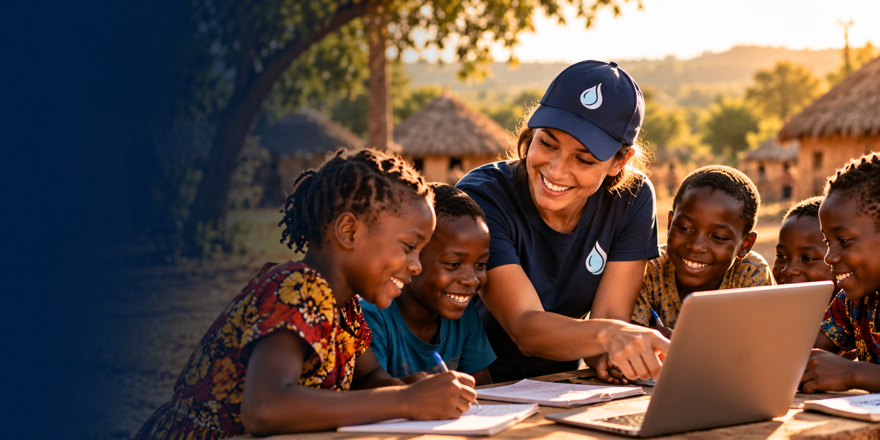 A volunteer pointing at a laptop screen while smiling children gather around her