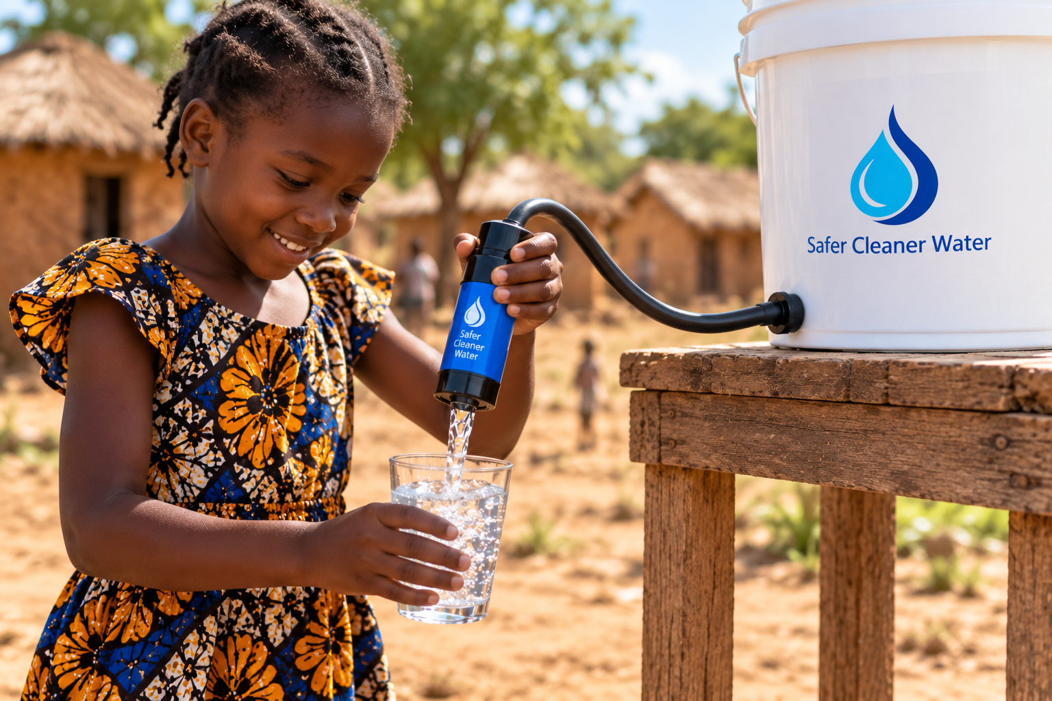 A smiling girl filling a glass from a Safer Cleaner Water filter