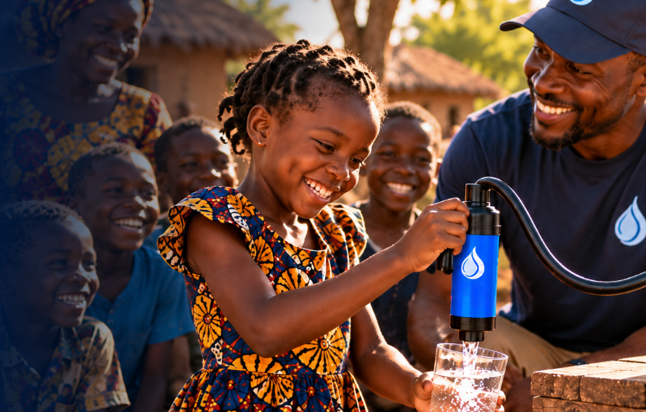 A girl pumping water from a blue Safer Cleaner Water filter into a glass while a volunteer and community members smile behind her