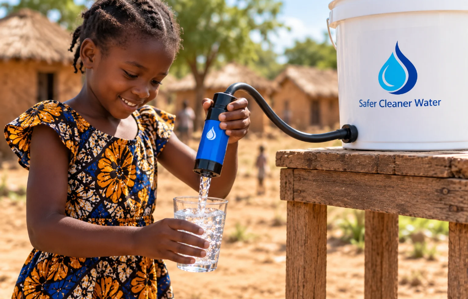 A girl pouring filtered water into a glass from a Safer Cleaner Water bucket filter in a village