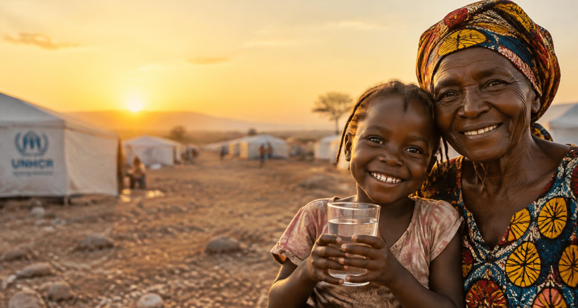 Grandmother and granddaughter smiling with a glass of clean water
